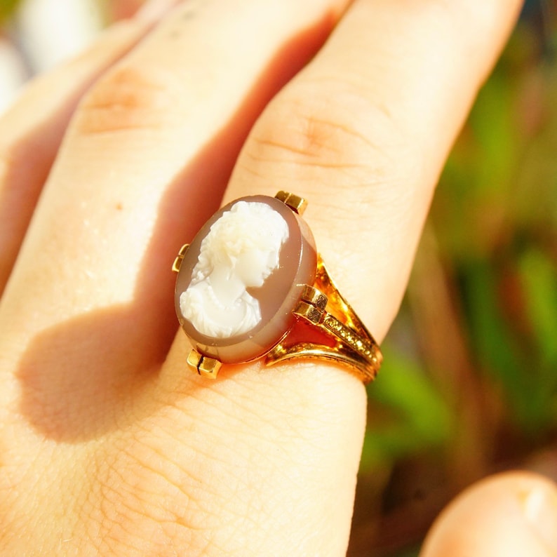 Victorian Hardstone Cameo Ring In 18K Rose Gold, Antique Carved Agate Cameo, Engraved Ring Band, Size 9 1/4 US image 7