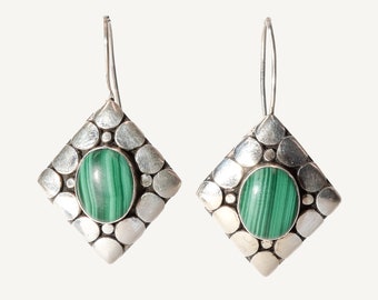 Modernist Sterling Silver Malachite Dangle Earrings, Cute Gemstone Earrings, 1.5" L
