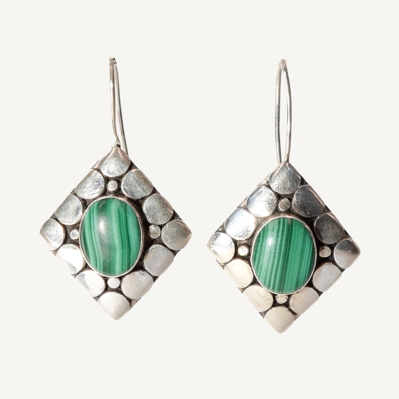 Modernist Sterling Silver Malachite Dangle Earrings, Cute Gemstone Earrings, 1.5 L image 1