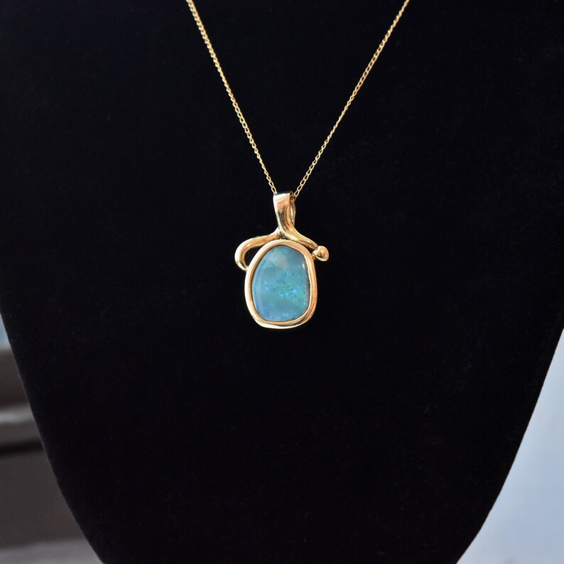 Boulder Opal Pendant Set In 14K Yellow Gold, Natural Gemstone Pendant, Estate Jewelry, 27mm image 1