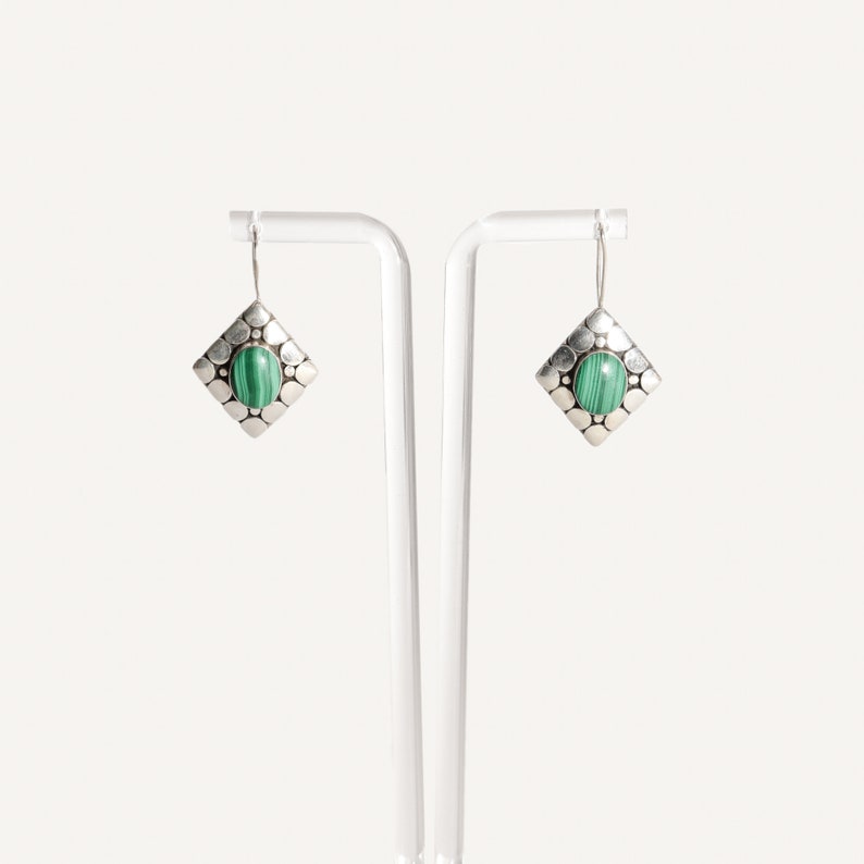 Modernist Sterling Silver Malachite Dangle Earrings, Cute Gemstone Earrings, 1.5 L image 2