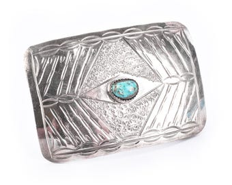 Boucle de ceinture artisanale vintage Navajo en argent sterling et turquoise, 76 mm