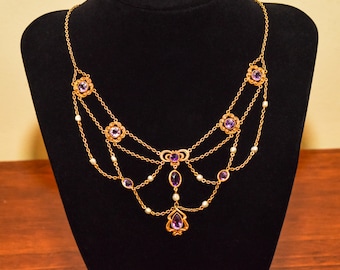 Art Nouveau 14K Amethyst & Pearl Festoon Necklace, Estate Jewelry, 15.25&quot; L