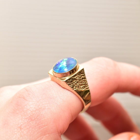 Men's Modernist 10K Black Opal Triplet Ring, Solid Yellow Gold Signet Ring,Textured Yellow Gold Band, 10 3/4 US