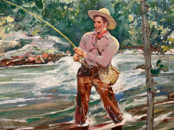 Ralph Pallen Coleman (1892-1968), Fisherman, Oil on Board Painting Framed, Western Realism, American Scenic Wall Art, Philadelphia Artist