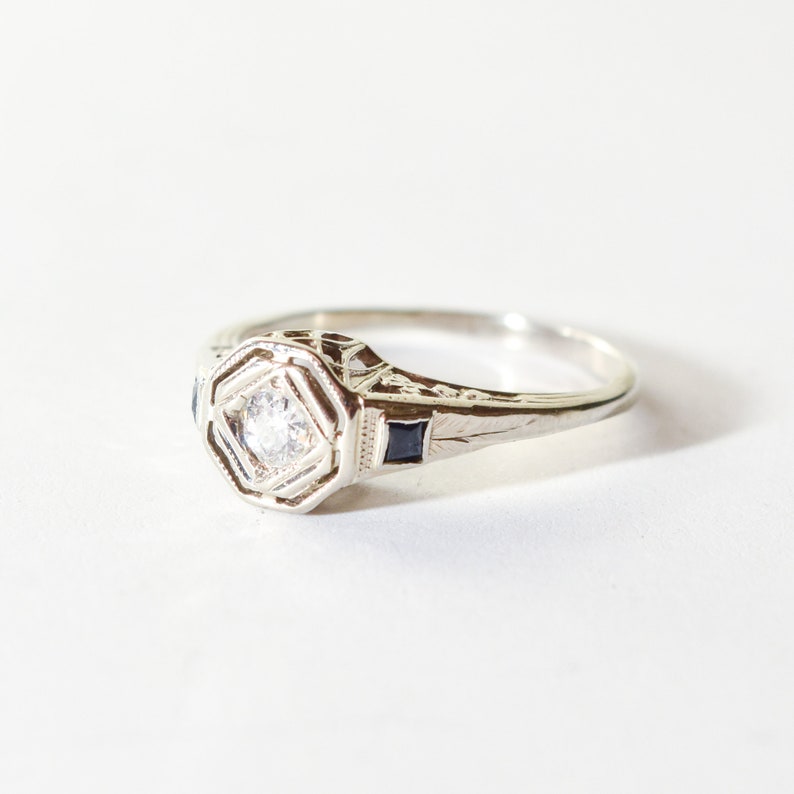 Antique 14K Diamond Sapphire Filigree Engagement Ring, Old-Mine Cut, Floral Motifs, Estate Jewelry, 5 3/4 US image 4