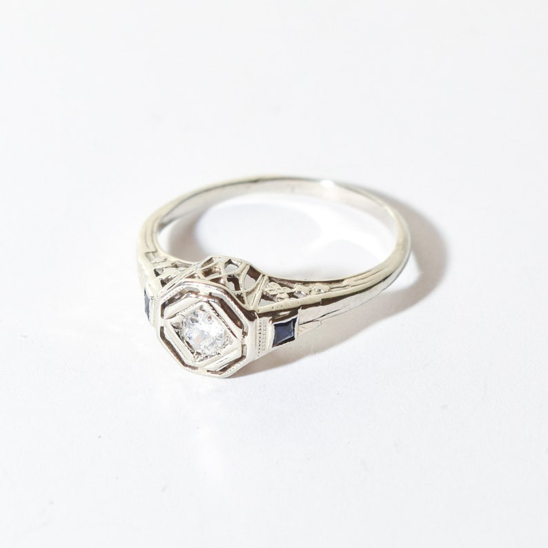 Antique 14K Diamond Sapphire Filigree Engagement Ring, Old-Mine Cut, Floral Motifs, Estate Jewelry, 5 3/4 US image 6