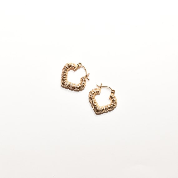 14K Textured Heart-Shaped Hoops In Yellow Gold, C… - image 3