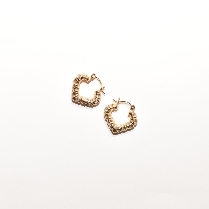 14K Textured Heart-Shaped Hoops In Yellow Gold, Cute Small Gold V-Shaped Earrings, Valentines Day Gift image 3