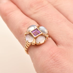 Moonstone Amethyst Flower Ring In 14K Yellow Gold, Estate Jewelry, Size 5 1/4 US image 7