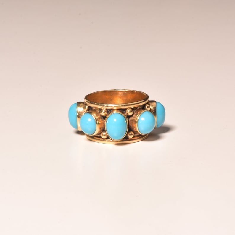 Etruskische stijl 14K turquoise cabochon sigarenband ring, statement ring, landgoed sieraden, maat 6 3/4 US afbeelding 1