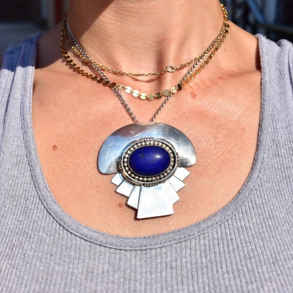 Signed '89 Bohemian Modernist Sterling Silver Lapis Lazuli Pendant, Chunky Gemstone Jewelry, Carol Felley Sunrise, 6cm