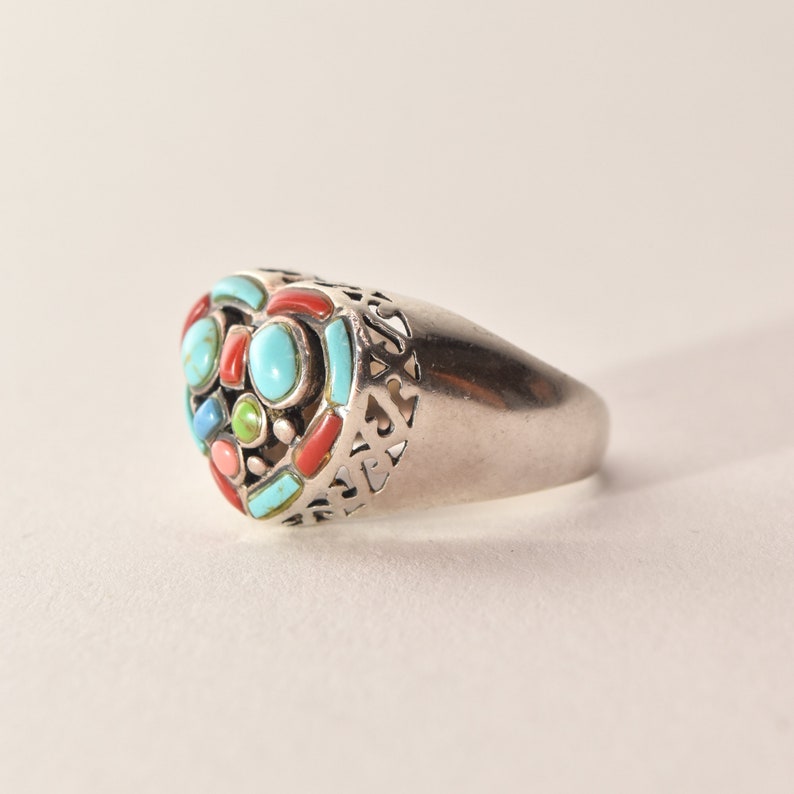 Multi-Stone Heart Ring In Sterling Silver, Turquoise, Coral, Gaspeite, Valentines Day Gift, 7 3/4 US image 5