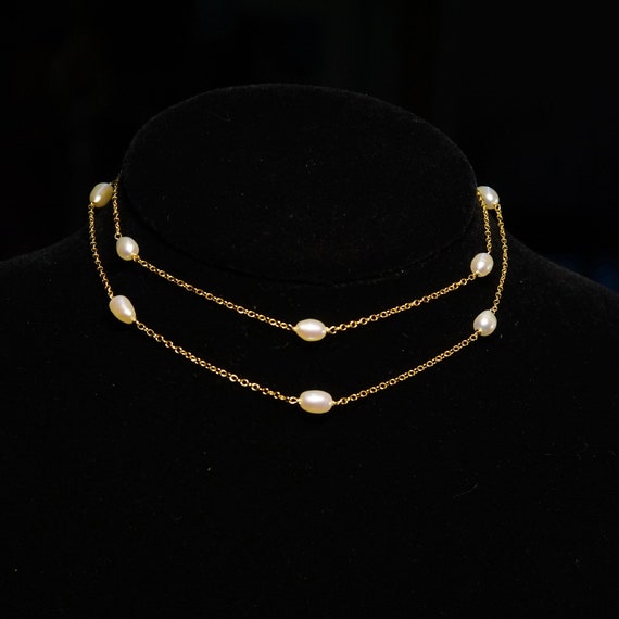 Vintage 14K Gold Pearl Station Necklace 