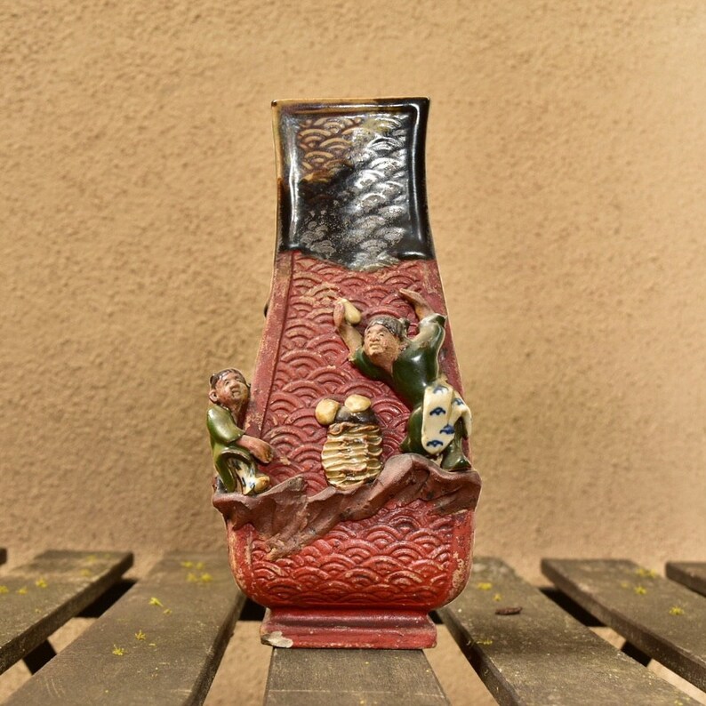 Sumida Gawa Japanese Pottery, Asakusa Pottery, Antique Hand-Carved Fish Scale, Glazed Ceramic Figural Vase, Mushroom Foraging Scene, 8.25 image 1