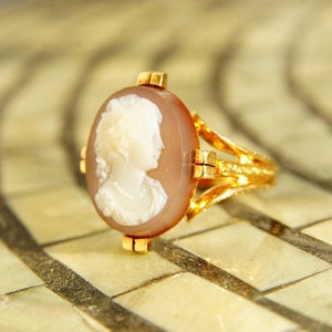 Victorian Hardstone Cameo Ring In 18K Rose Gold, Antique Carved Agate Cameo, Engraved Ring Band, Size 9 1/4 US image 1