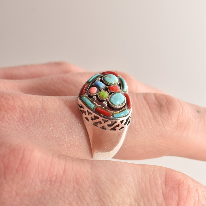 Multi-Stone Heart Ring In Sterling Silver, Turquoise, Coral, Gaspeite, Valentines Day Gift, 7 3/4 US image 10