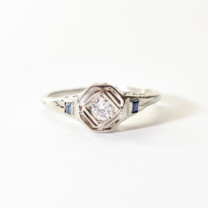 Antique 14K Diamond Sapphire Filigree Engagement Ring, Old-Mine Cut, Floral Motifs, Estate Jewelry, 5 3/4 US image 2