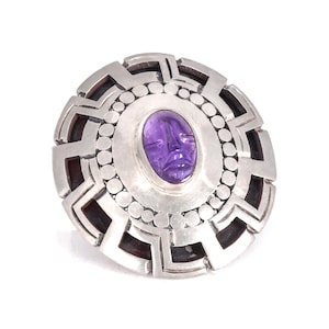 Vintage Taxco Sterling Silber Brosche: Modernistisches Amethyst-Gesicht, mexikanisches Design