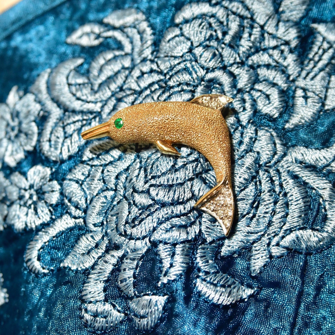 Broche Rétro Dauphin Or émail - Cristaux Type Diamant 420 - Occasion - Sans Marque