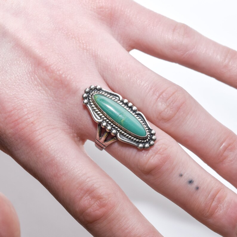 Native American Sterling Silver Turquoise Marquise Ring, Southwestern Jewelry, Size 8 US image 5
