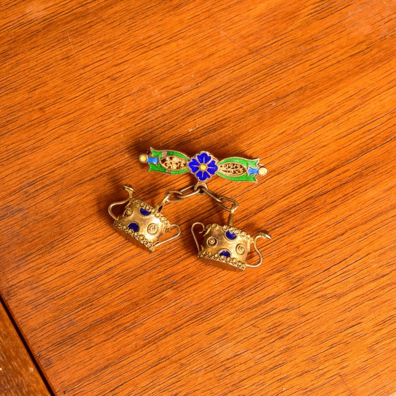Topazio Gilt Silver Filigree Enamel Teapot Charm Brooch Pin, Colorful Floral Motifs, Estate Jewelry, 34mm image 1