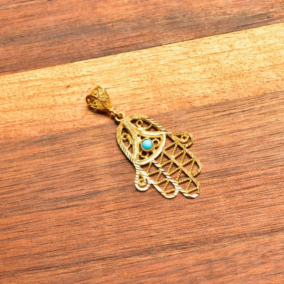 22KT Filigree Hamsa Hand Amulet, Blue Turquoise Accent, Yellow Gold Openwork Pendant, Evil Eye Talisman, 1 7/8" L