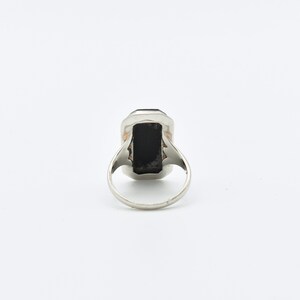 Art Deco 10K White Gold Black Onyx Diamond Ring, Etched Setting, Offset Stone, Estate Jewelry, 4 3/4 US image 10