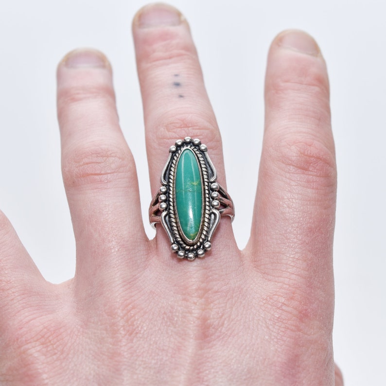 Native American Sterling Silver Turquoise Marquise Ring, Southwestern Jewelry, Size 8 US image 9