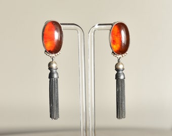 Signed Italian Modernist Sterling Silver Amber Tassel Earrings, Omega Back Stud Earrings, 3" L
