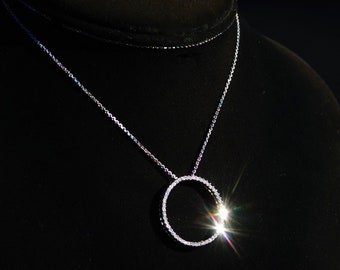 14K White Gold Diamond Open Circle Pendant Necklace, 50 Diamond Eternal Love Pendant, 1mm White Gold Cable Chain, 1 TCW, 24" L