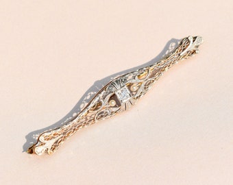 Edwardian 14K Platinum Filigree Diamond Seed Pearl Bar Pin, OEC Diamond, Estate Jewelry, 61mm