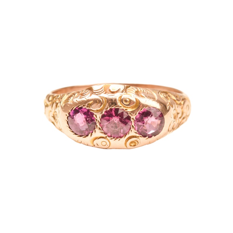 Victorian Etruscan Pink Sapphire Three Stone Ring In 12K Gold, Engraved Floral Motifs, Size 8 3/4 US image 1