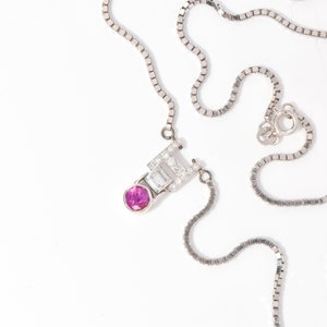 Italian 14K White Gold Pink Sapphire Diamond Pendant Necklace, 2mm Box Chain, Estate Jewelry, 18.5 L image 6