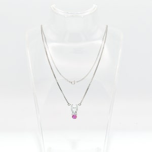 Italian 14K White Gold Pink Sapphire Diamond Pendant Necklace, 2mm Box Chain, Estate Jewelry, 18.5 L image 7