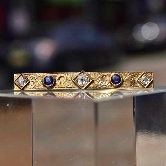 Antique Art Nouveau 14K Gold Diamond Sapphire Bar Pin, Hand Engraved Scroll Designs, Old Mine Cut Diamonds, Blue Sapphire Accents, 45mm