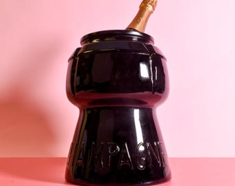 Vintage Champagne Cork Ice Bucket: Black Glass Mid-Century Barware
