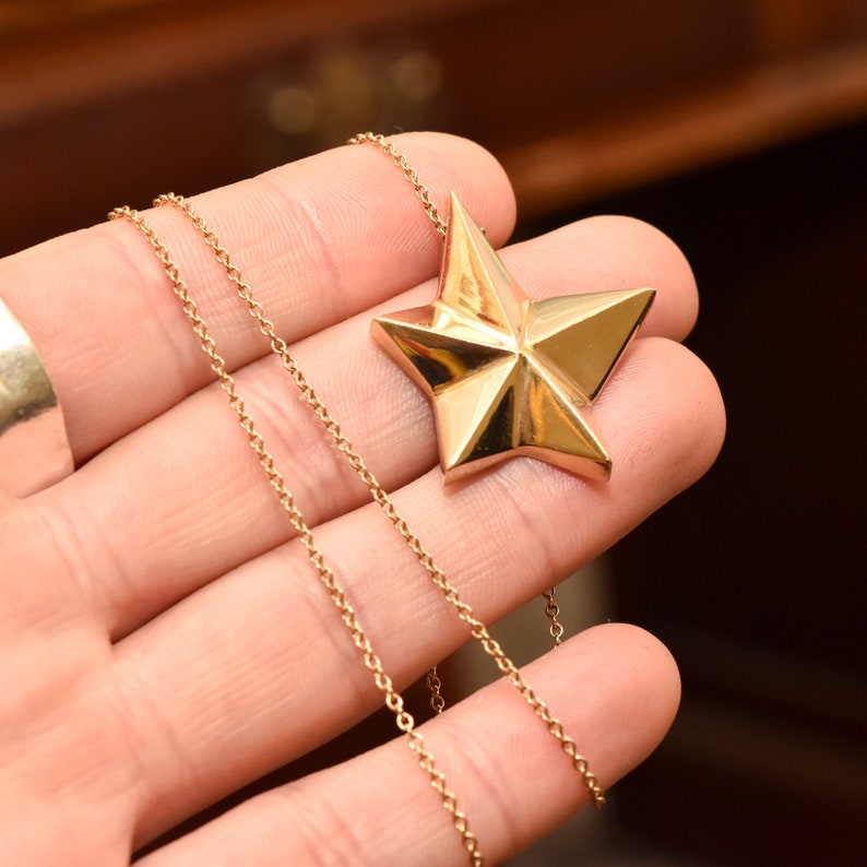 14K Gold Star Pendant Necklace, Asymmetric 5-Pointed Star, 1mm Cable Chain, Christmas Gift, 18.5 L image 3