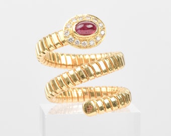 Garnet Diamond Coil Ring In 18K Yellow Gold, Statement Ring, Adjustable, Size 7-9 US