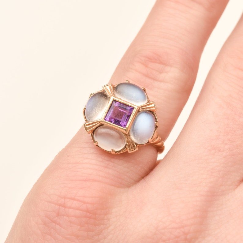 Moonstone Amethyst Flower Ring In 14K Yellow Gold, Estate Jewelry, Size 5 1/4 US image 4