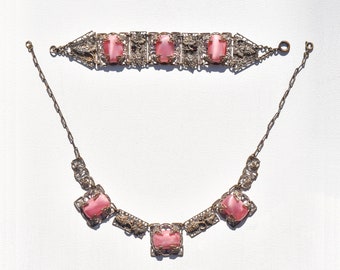 Art Nouveau Czech Pink Peking Glass Grape Motif Necklace & Bracelet, Antique Silver Brass Filigree, Matching Set