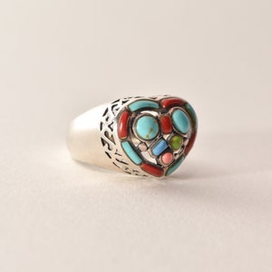 Multi-Stone Heart Ring In Sterling Silver, Turquoise, Coral, Gaspeite, Valentines Day Gift, 7 3/4 US image 3