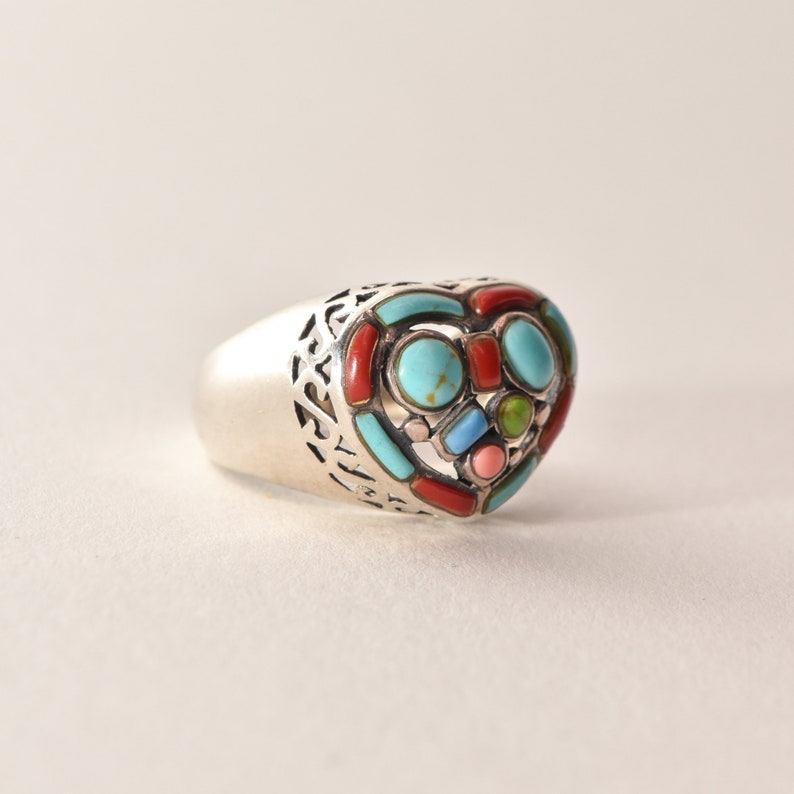 Multi-Stone Heart Ring In Sterling Silver, Turquoise, Coral, Gaspeite, Valentines Day Gift, 7 3/4 US image 3