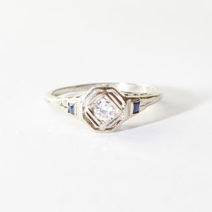 Antique 14K Diamond Sapphire Filigree Engagement Ring, Old-Mine Cut, Floral Motifs, Estate Jewelry, 5 3/4 US image 7