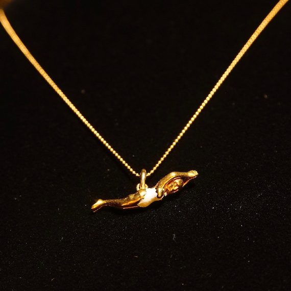 Antique 10K Enamel Swimmer Charm Necklace, Cute Female Diver Figure Charm On 14K Yellow Gold Ball Chain, 18 1/4" L