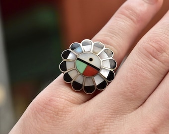 Signed Zuni Sun God Ring, Silver, Multi-Stone Inlay, Silver, Mother of Pearl, Jet, Coral, Turquoise, Size 5 1/4 US