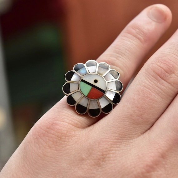 Signed Zuni Sun God Ring, Silver, Multi-Stone Inlay, Silver, Mother of Pearl, Jet, Coral, Turquoise, Size 5 1/4 US