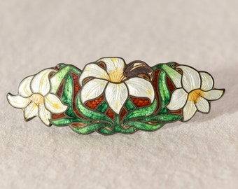 Sheffield Sterling Silver Genuine Cloisonne Flower Brooch, Tussie Mussie, Art Nouveau Jewelry, 56mm