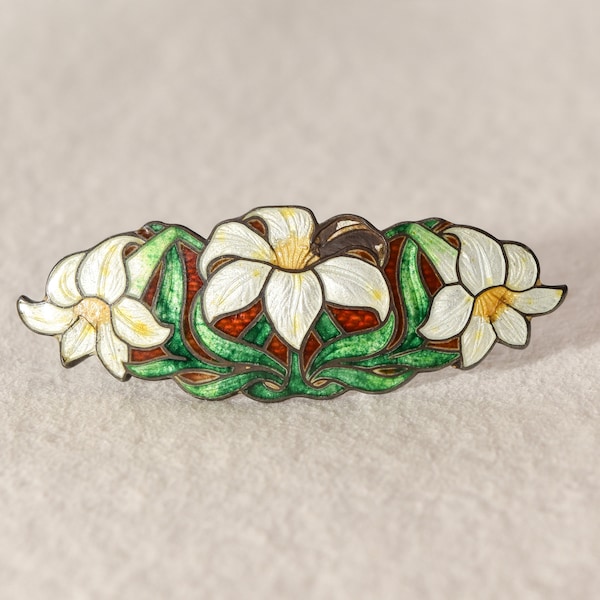 Sheffield Sterling Silver Genuine Cloisonne Flower Brooch, Tussie Mussie, Art Nouveau Jewelry, 56mm