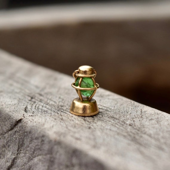 14K Railroad Lantern Charm, 3D Movable Green Lantern Charm, Faceted Glass Bead, Mid-Century, 12mm